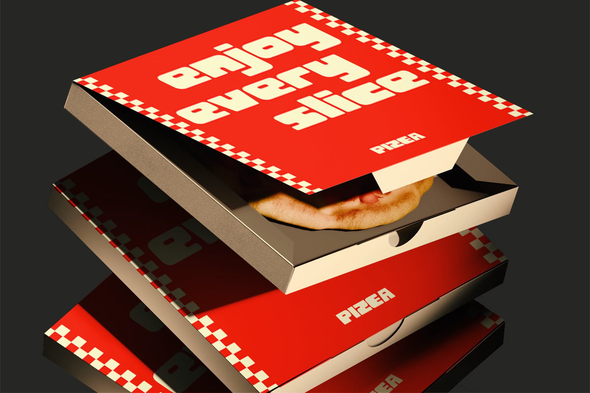 Stacked retro pizza boxes with cream text on red, checkered borders, one box open showing a golden baked pie inside