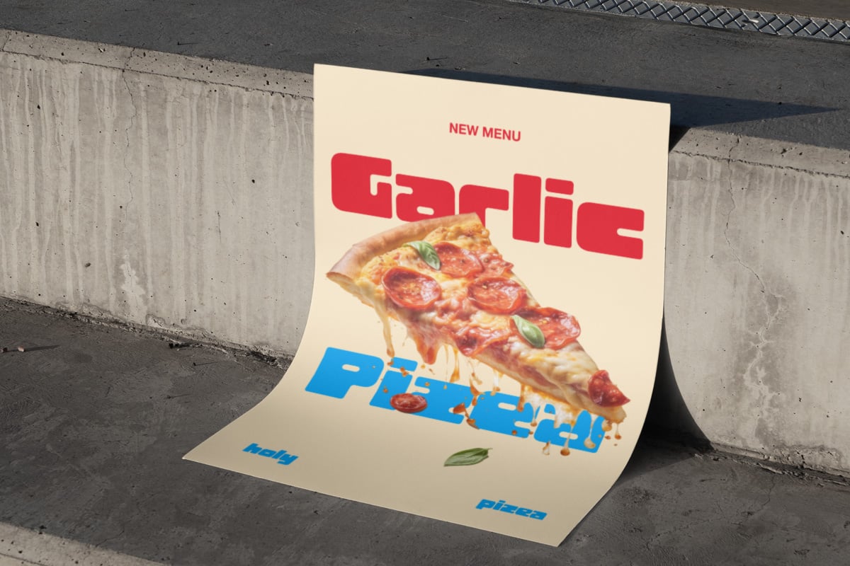 Cream poster with bold red "Garlic Pepperoni" text, pizza slice photo, concrete wall backdrop