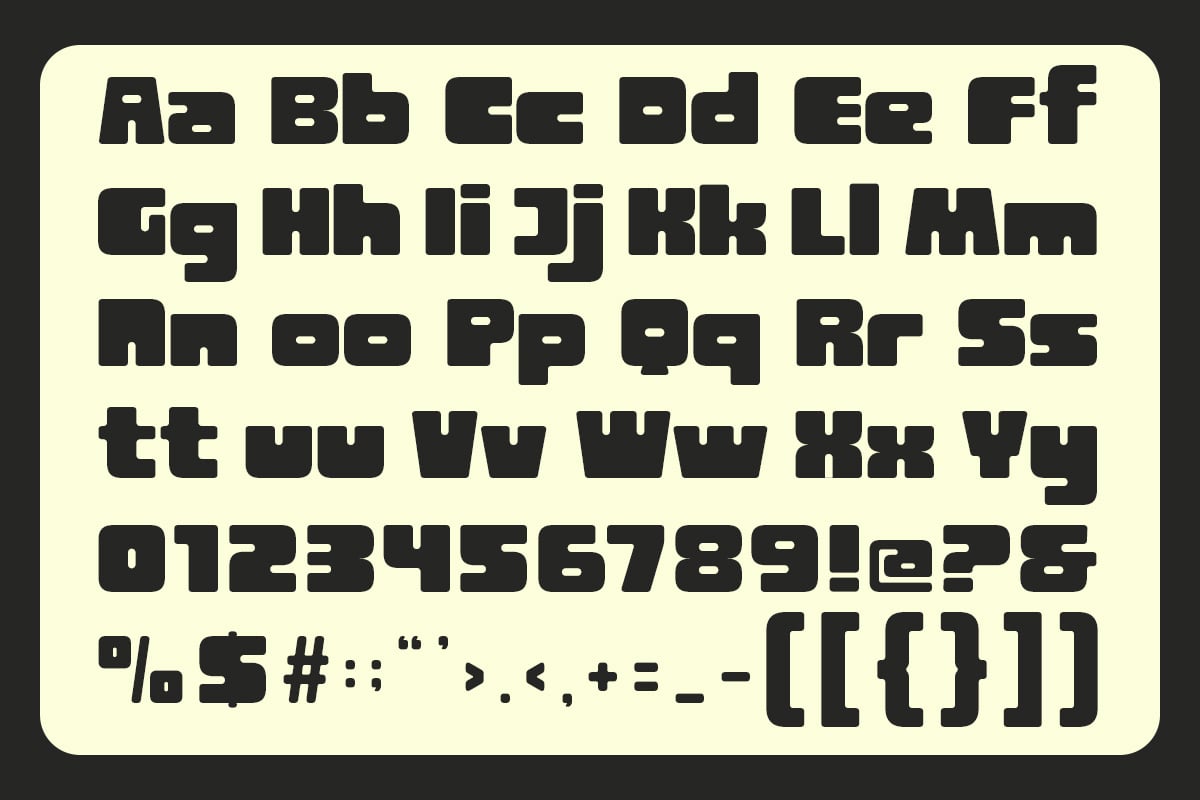 Bold sans serif typeface showing full character set with numbers, punctuation on cream background