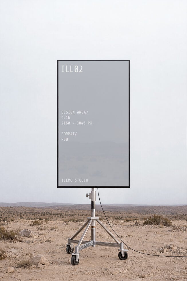 Mobile billboard mockup on tripod stand in desert landscape