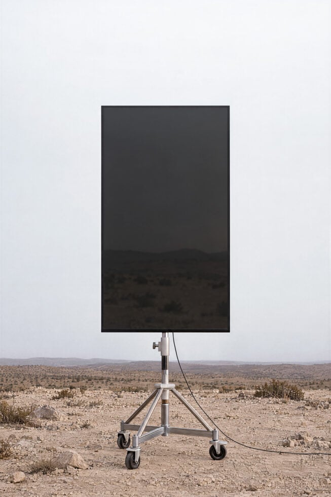 Mobile billboard mockup standing in desert landscape with tripod wheels