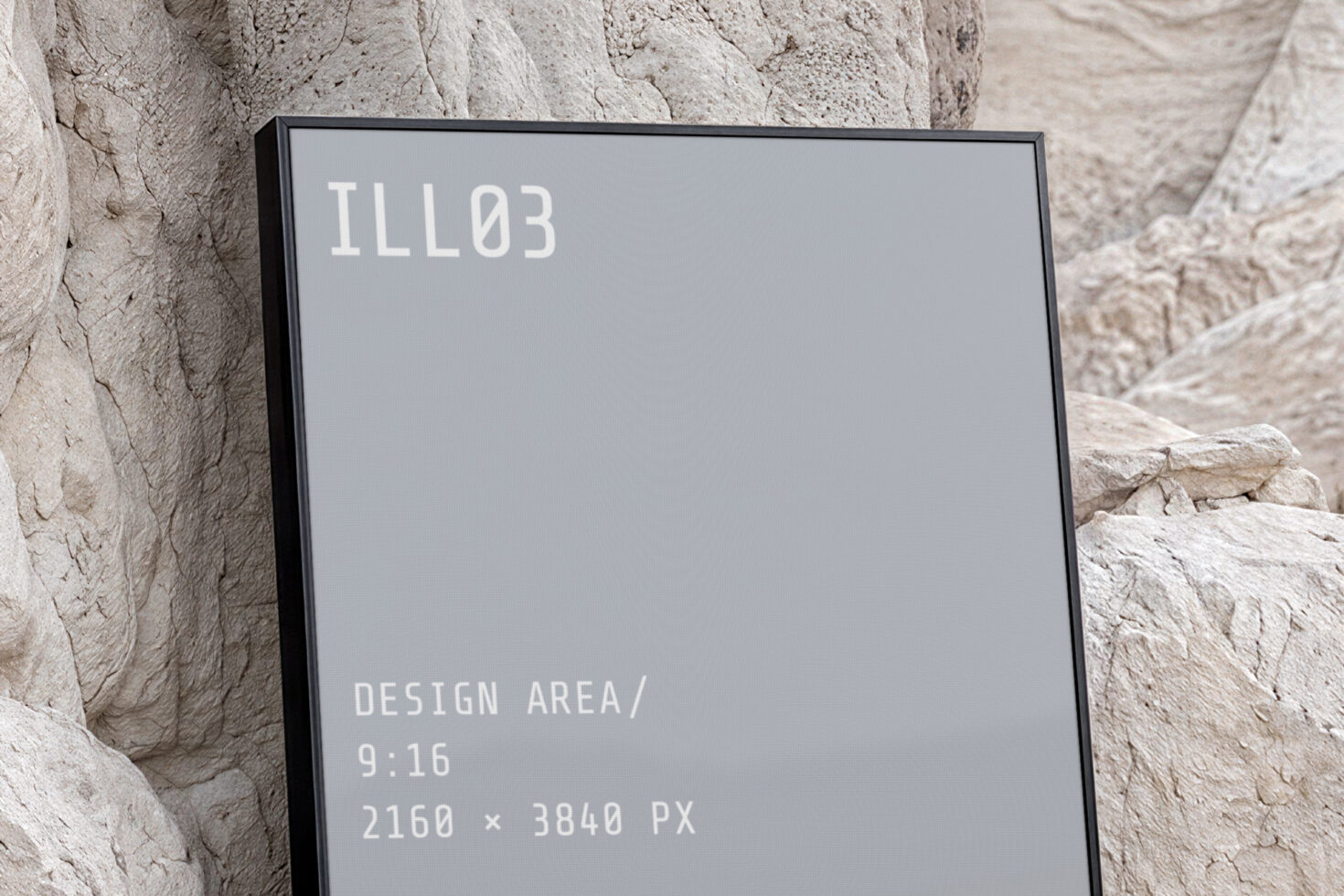 Tablet mockup leaning on textured stone wall showing 9:16 vertical display specs