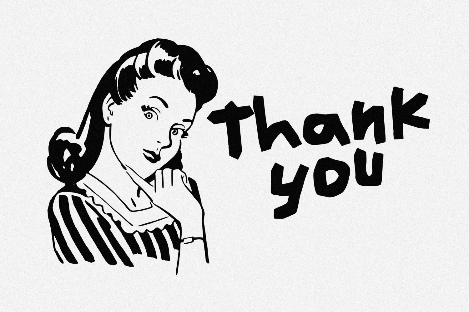 Retro illustration of woman with vintage hair looking over shoulder next to thank you text