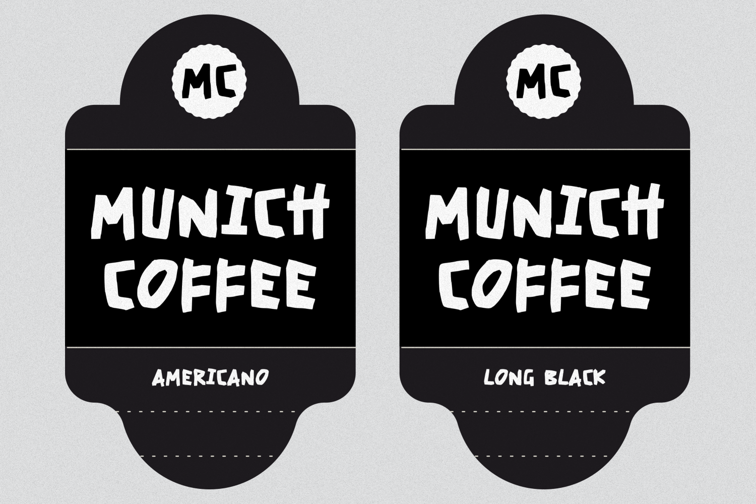 Two black coffee label mockups with MC logo showing Americano plus Long Black variants