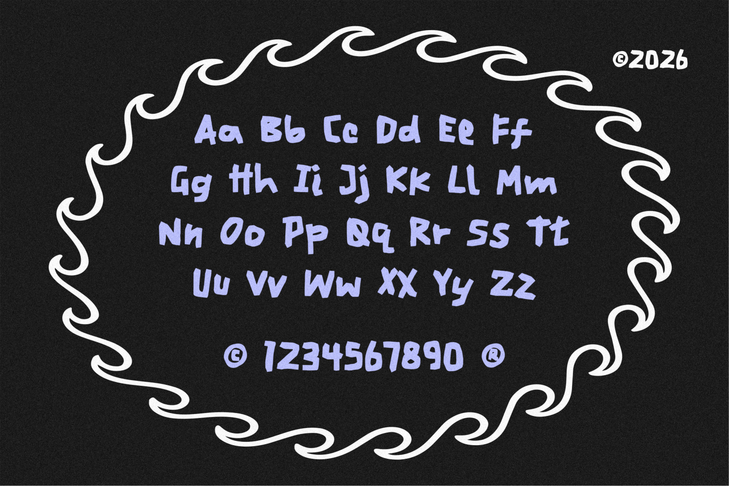 Wavy serif font with full alphabet in periwinkle blue on dark background, numbers included