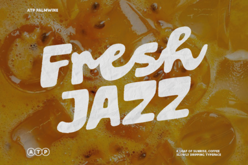 Fresh Jazz typeface with flowing white letters over warm coffee texture background