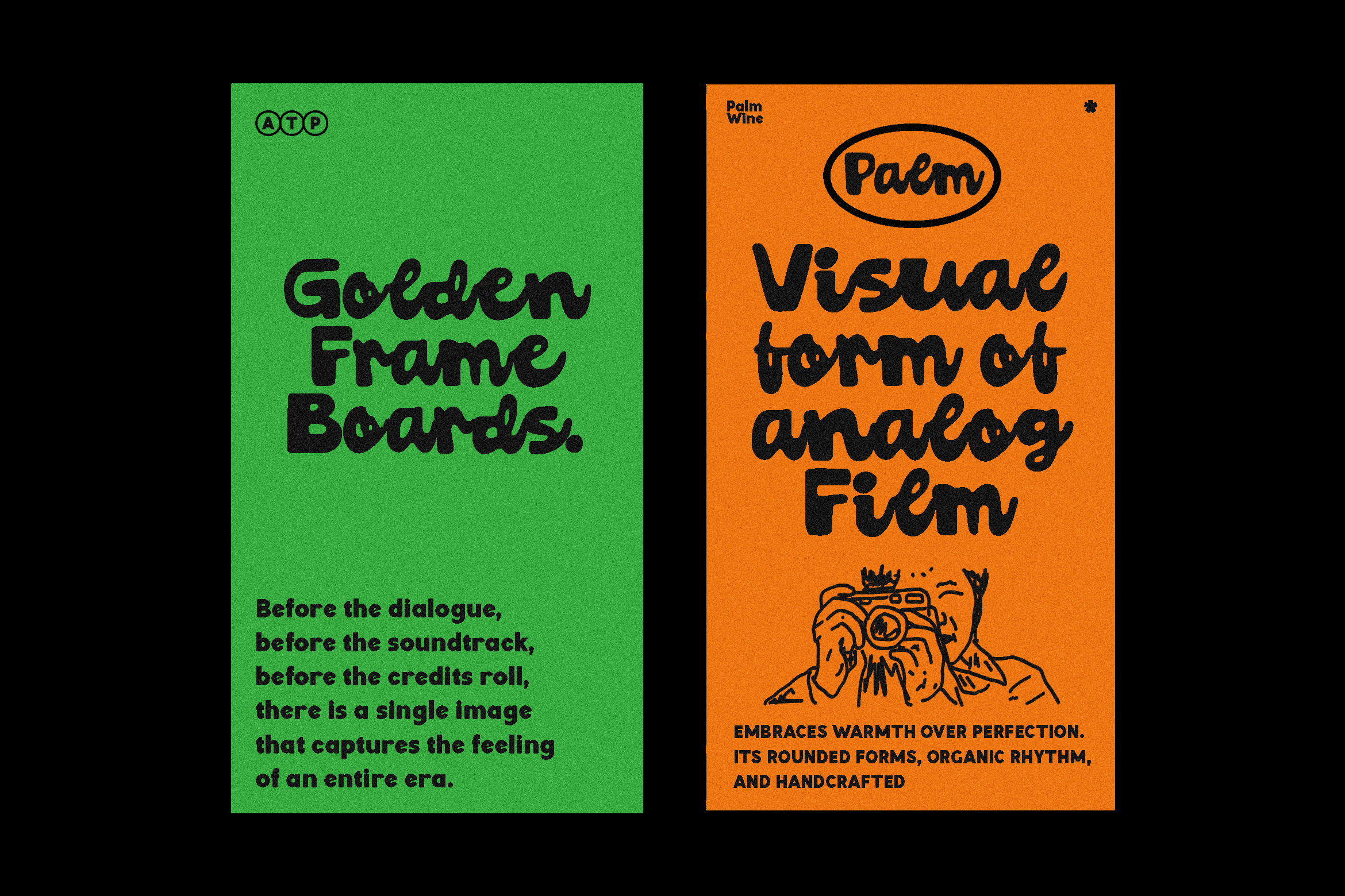 Two bold poster mockups side by side: bright green card with black handwritten type, vibrant orange card with playful typography