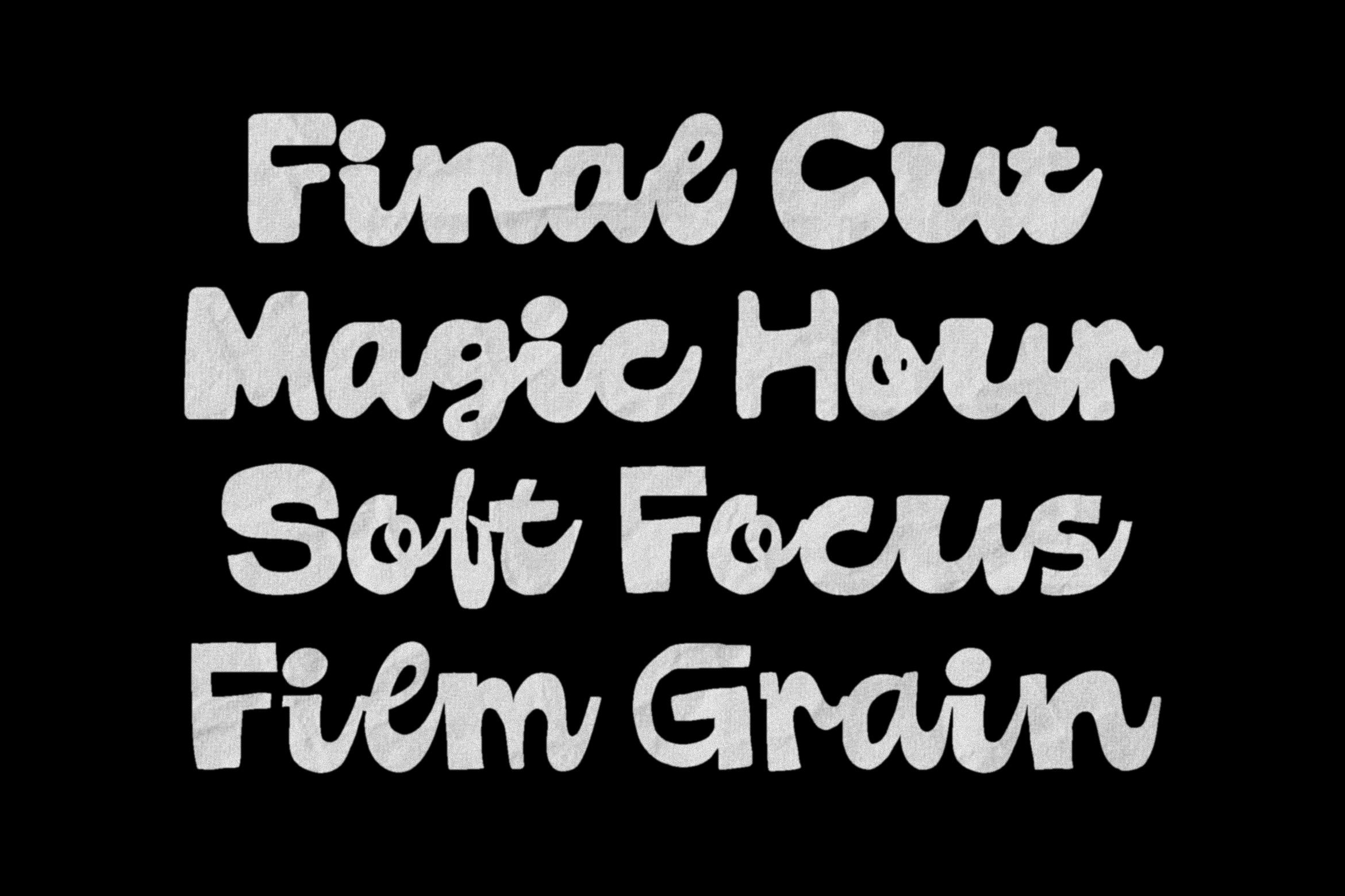 Retro font with playful curves, soft focus film grain texture on black background