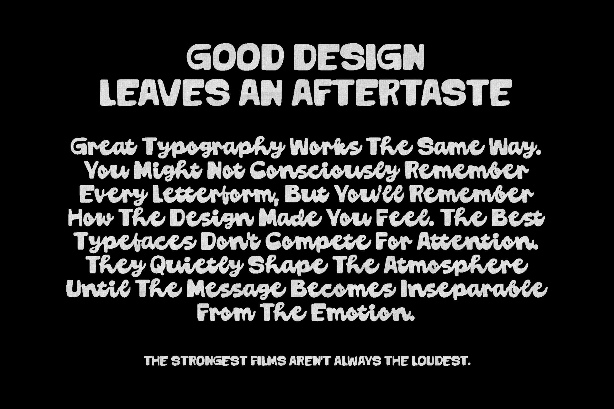 Bold white typography on black background with design philosophy quote