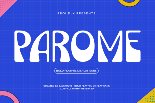 Parome bold display sans typeface on vibrant blue grid with pink, yellow geometric accents