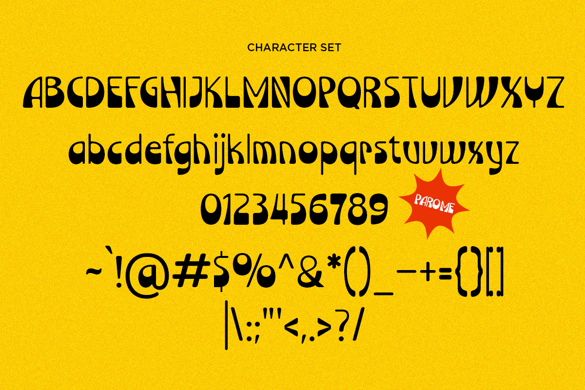 Parome font character set showing uppercase, lowercase, numbers, plus special symbols on bright yellow background