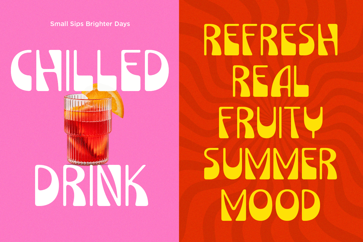 Split screen poster with chilled drink on pink side, summer vibes text on red side