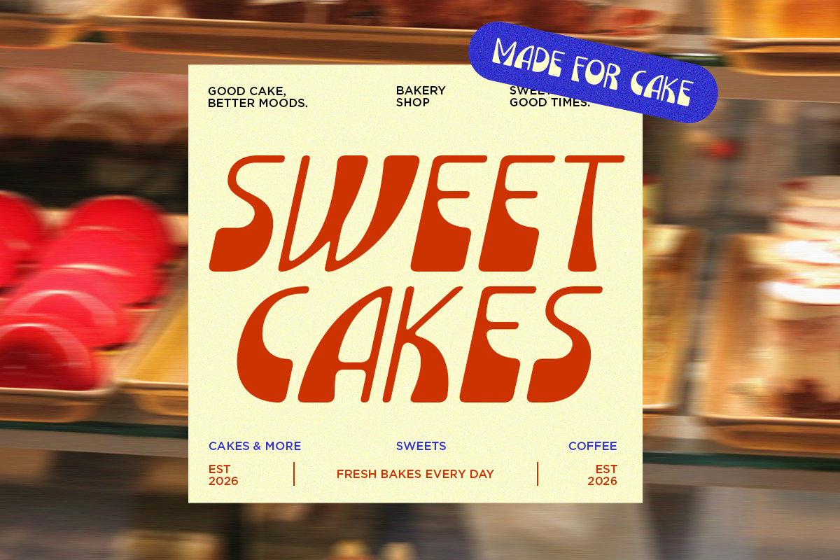 Retro bakery poster with bold red "Sweet Cakes" typography on cream background with blue sticker