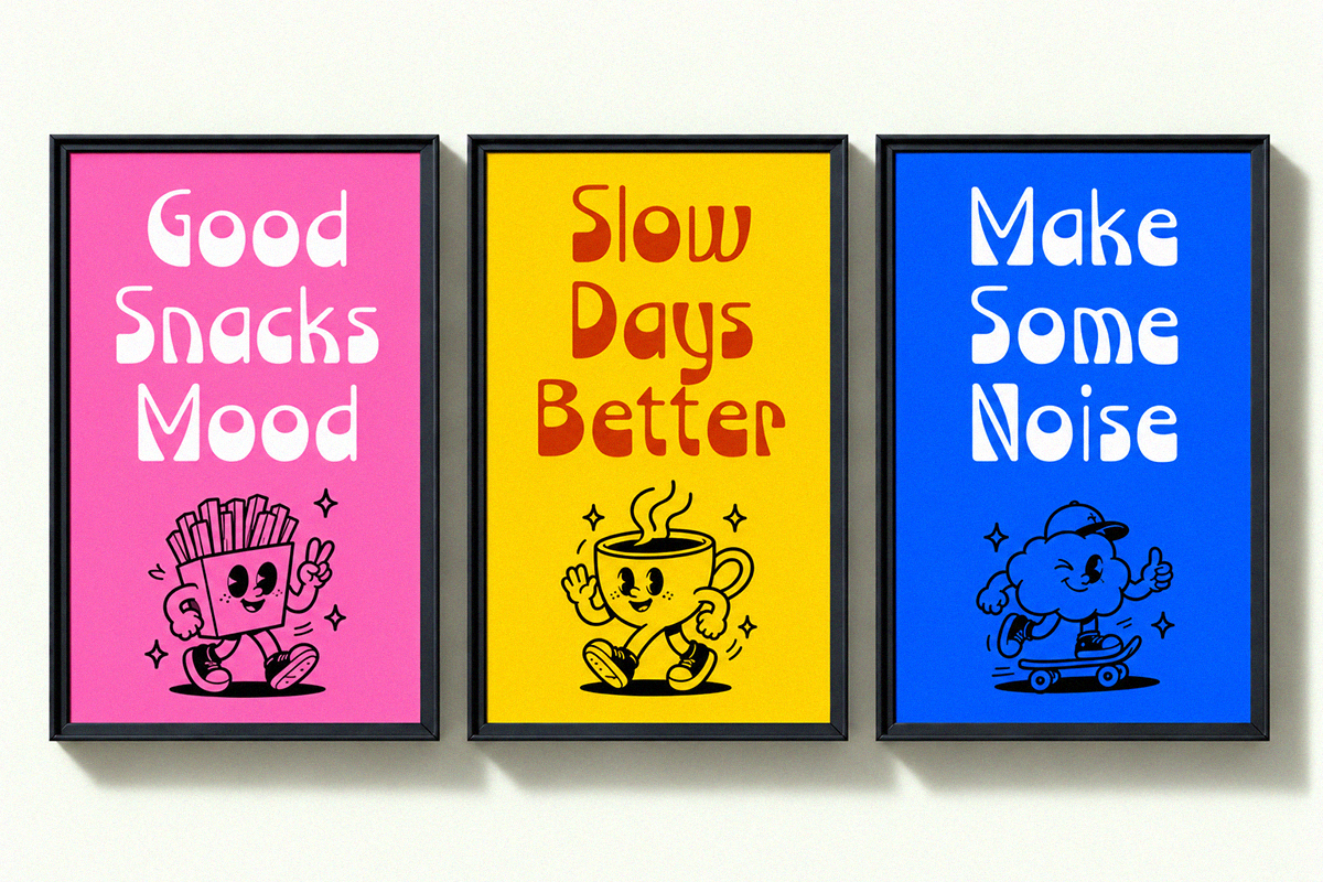 Three framed retro posters with quirky mascots in hot pink, yellow, blue featuring groovy vibes