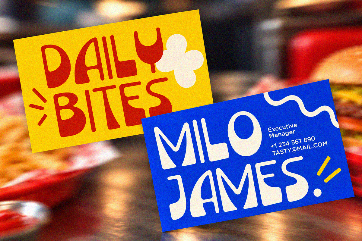 Colorful business card mockup for food brand with yellow card showing fork fork flower icon, blue card with contact details