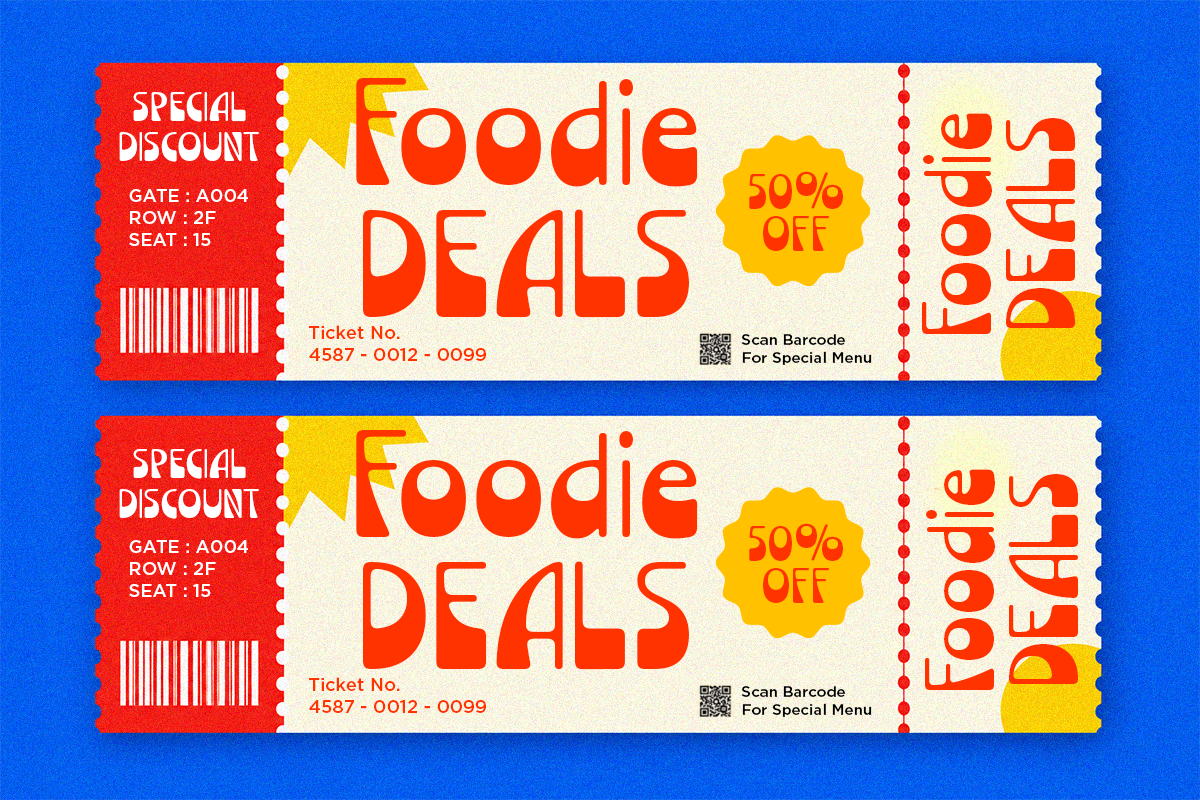 Retro diner ticket mockup with bold red, yellow, cream colors showing 50% off foodie deals
