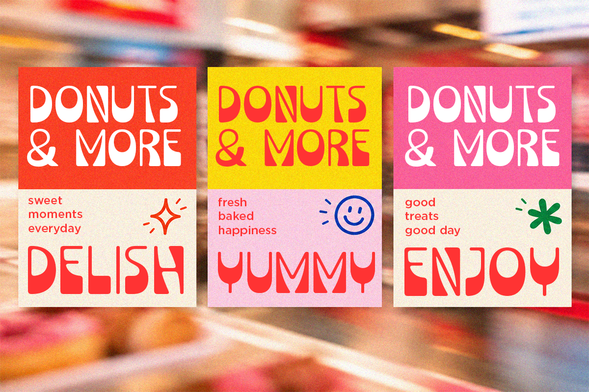 Three colorful bakery posters with bold typography saying donuts, yummy, enjoy in red, yellow, pink