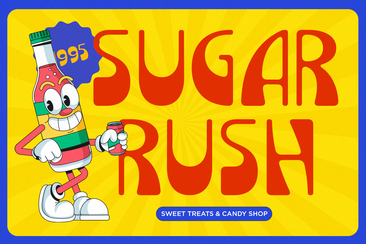 Retro candy shop mascot holding a paint can with 90s vibe, bold red typography on yellow background