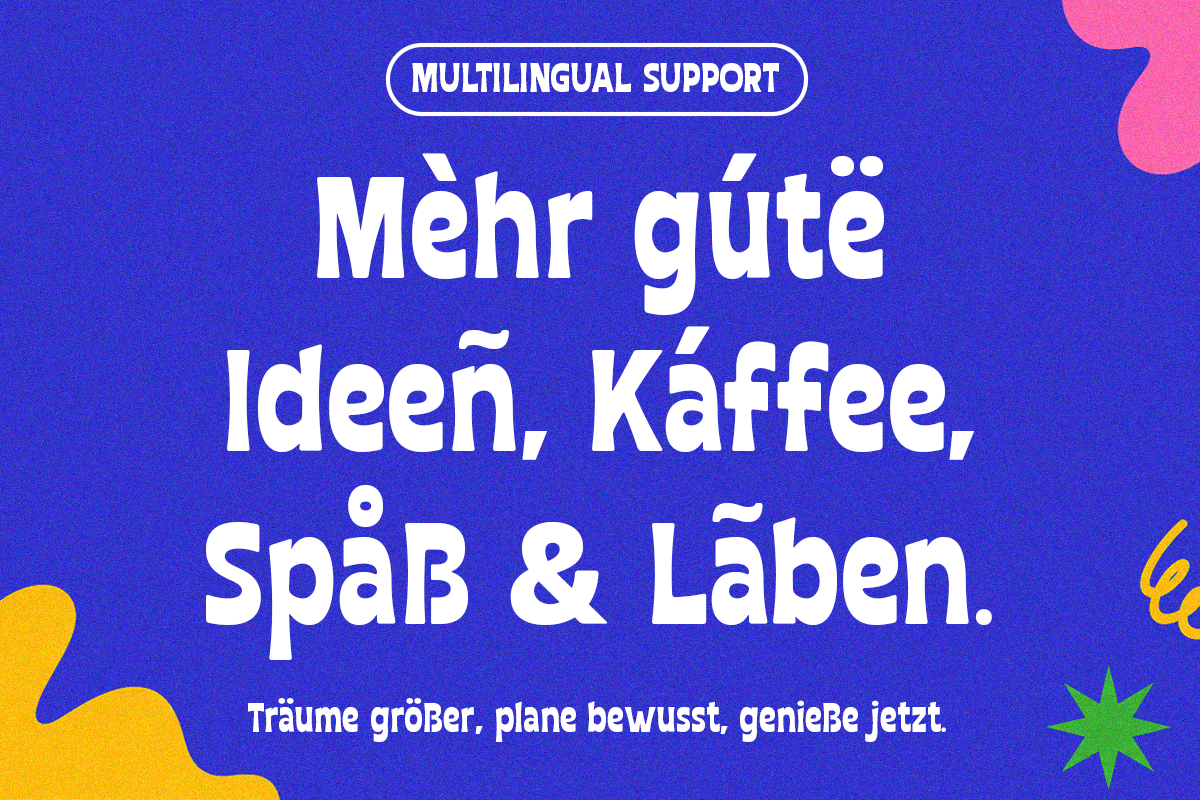 Bright blue mockup with German text, colorful shapes, multilingual support badge