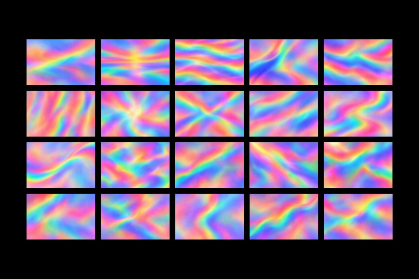 Vibrant rainbow gradient backgrounds with flowing color transitions in 20 unique variations