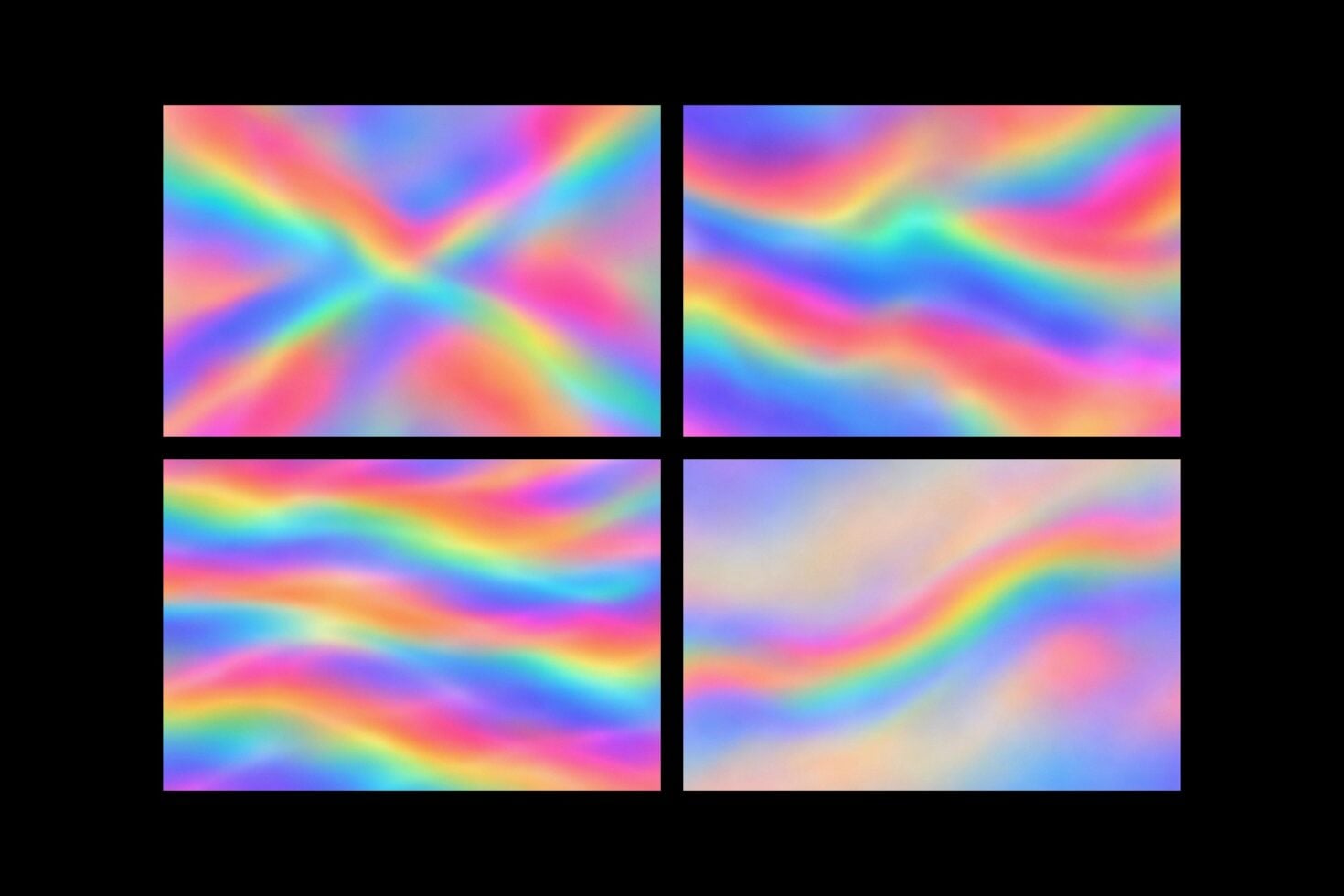 Vibrant rainbow gradient backgrounds with smooth color transitions in four unique layouts