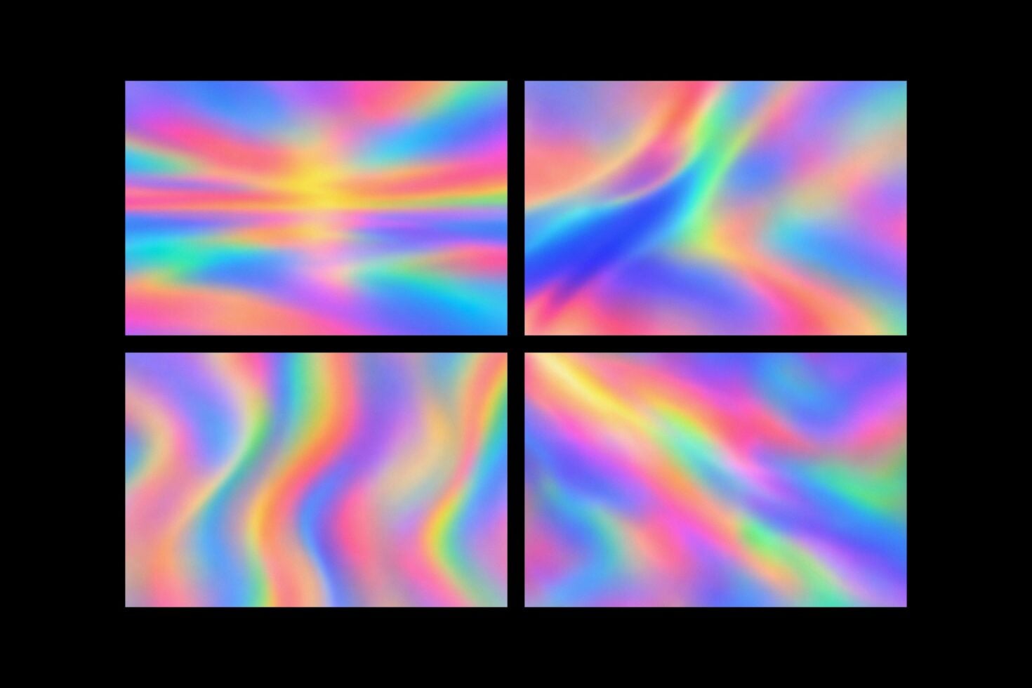 Vibrant holographic gradient backgrounds with flowing rainbow color transitions throughout