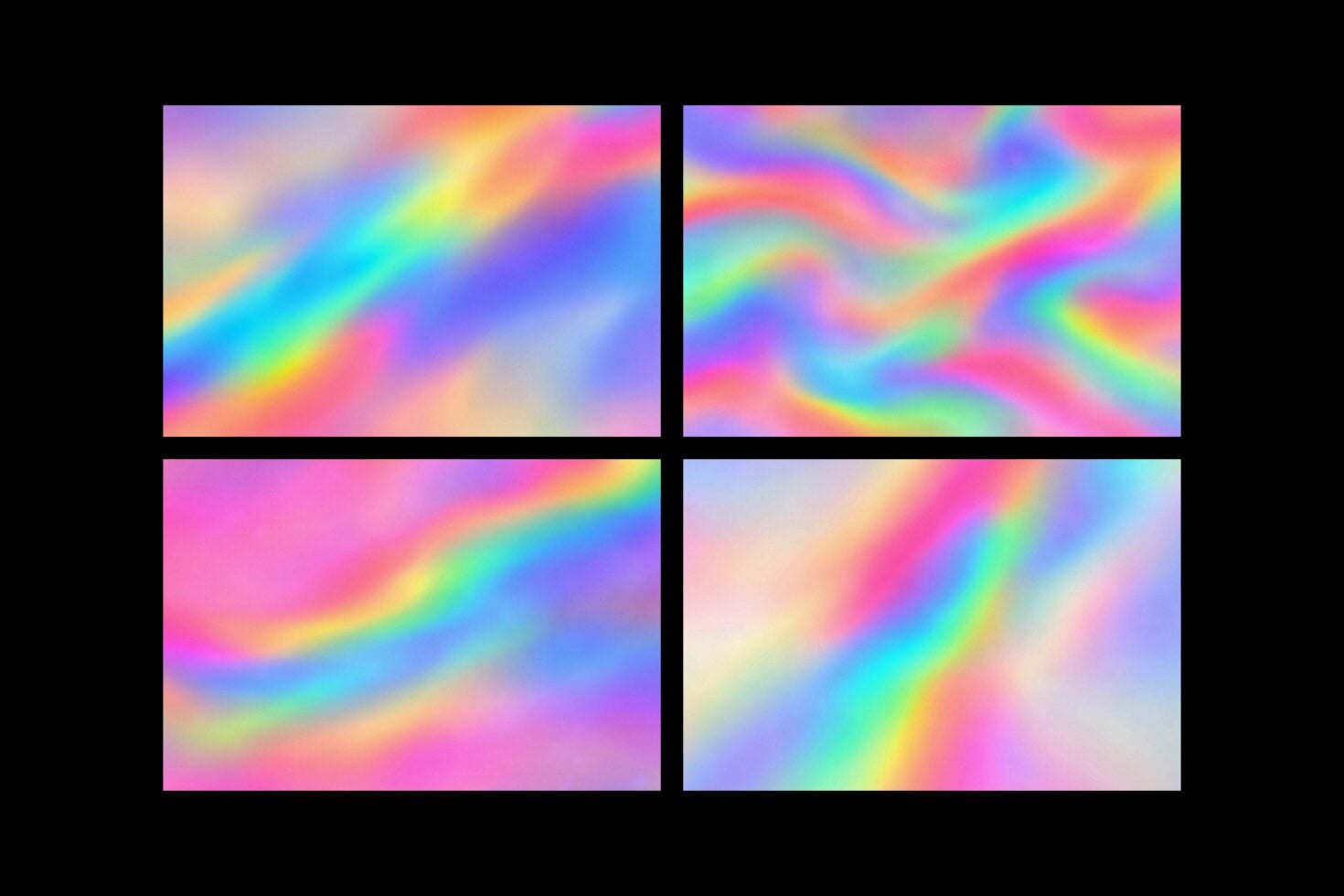 Four vibrant holographic gradient backgrounds with soft blurred color transitions