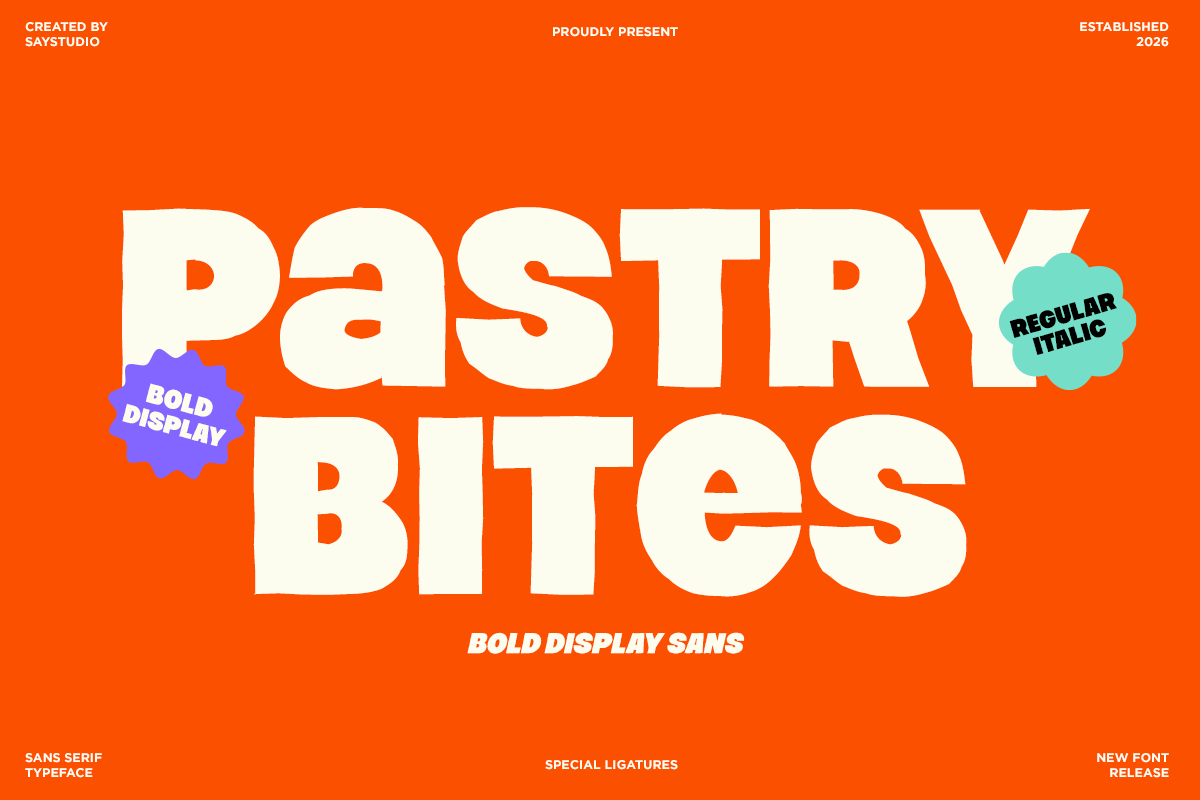 Pastry Bites bold sans serif font in cream on bright orange background with style badges