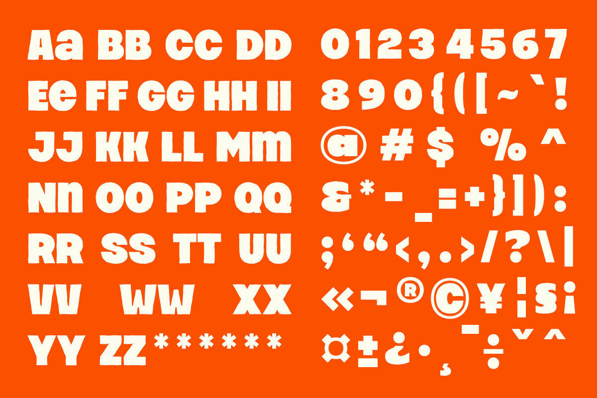 Bold sans serif typeface showing full character set with letters, numbers, symbols on vibrant orange background