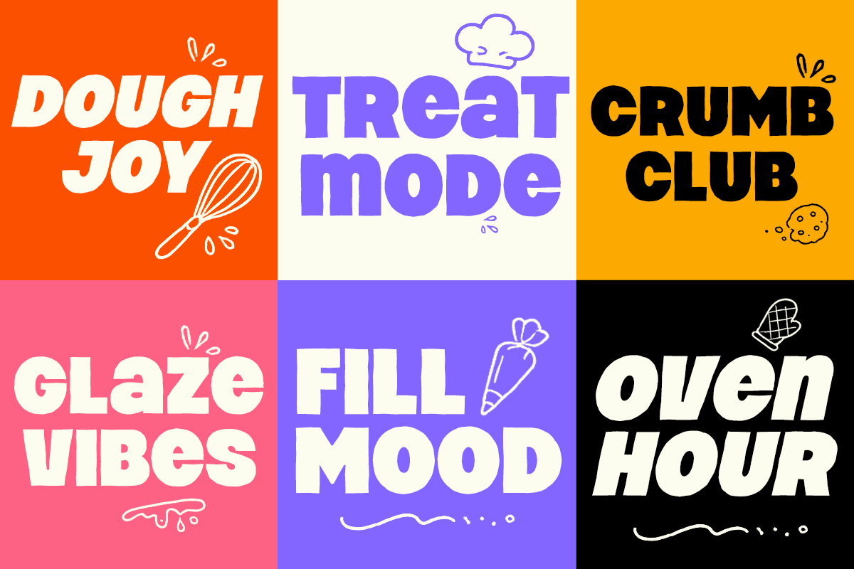 Bold bakery text graphics in bright color blocks with playful doodles, six fun phrases for social posts or branding
