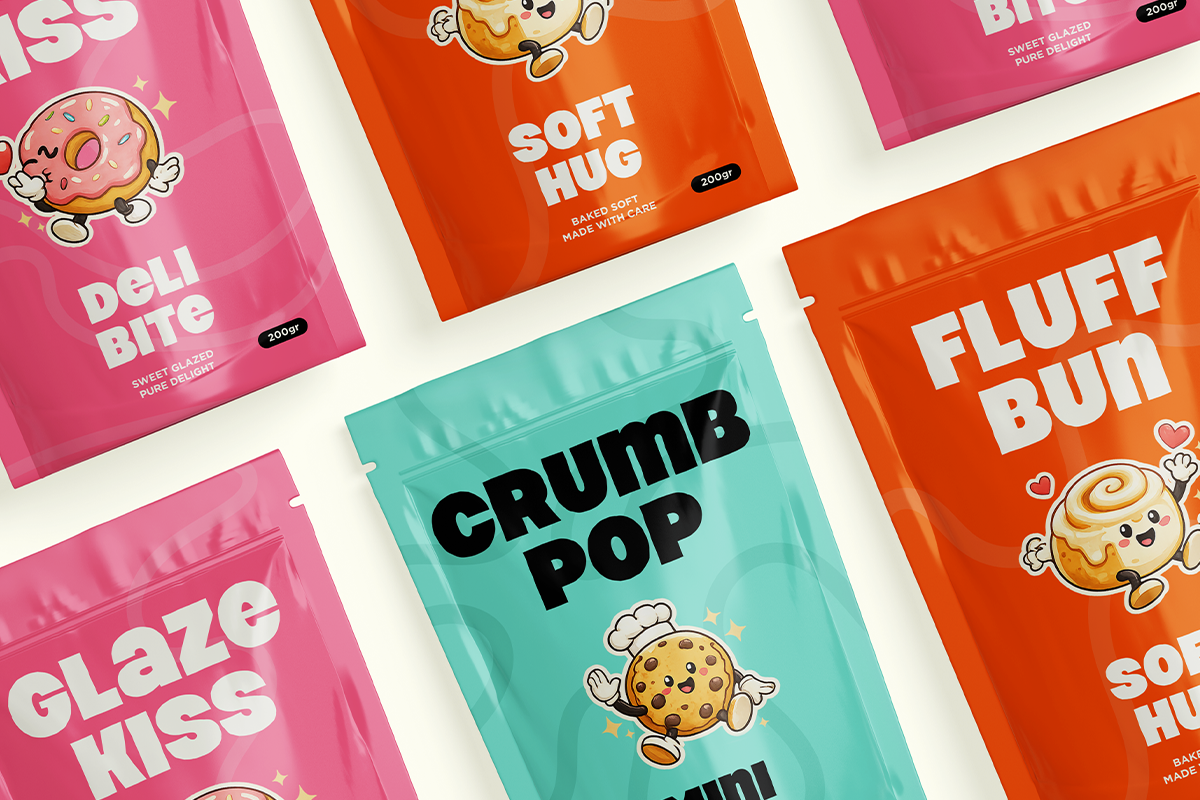 Colorful snack bag mockups with playful character illustrations in pink, orange, turquoise on white background