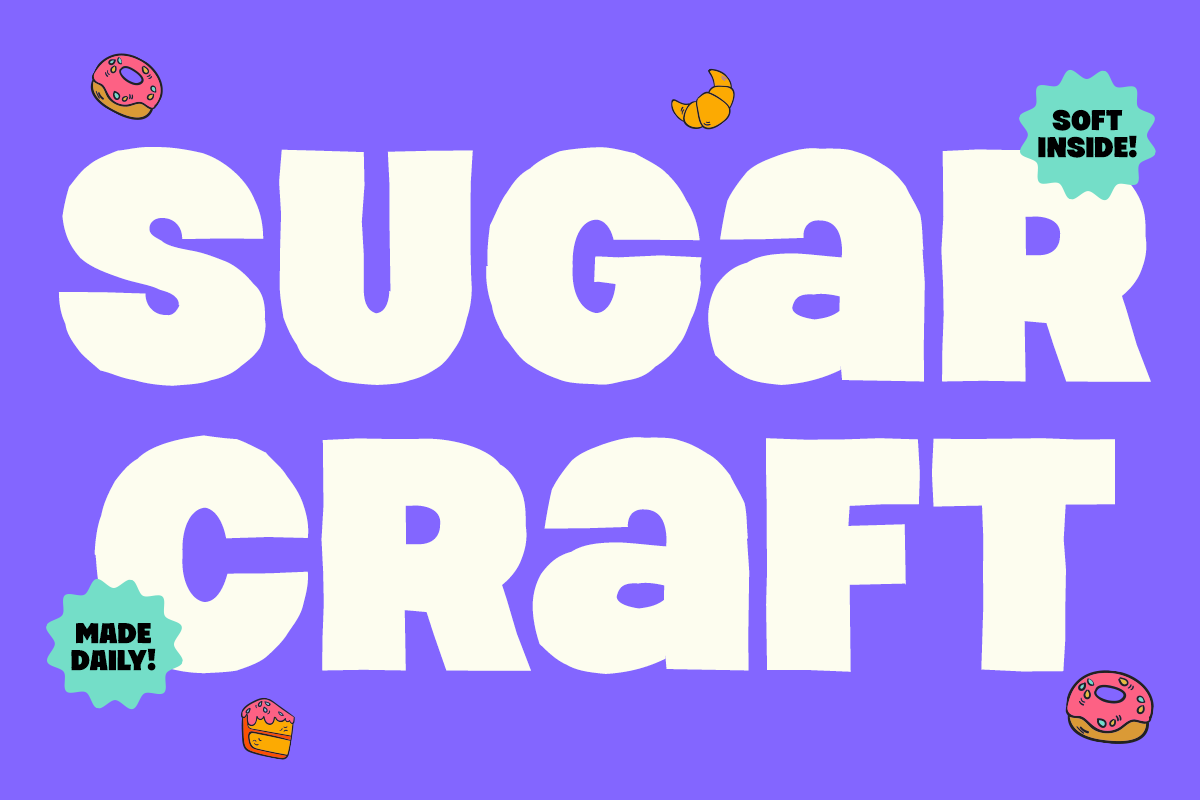 Bold cream lettering reading "SUGAR CRAFT" on vibrant purple with playful donut doodles