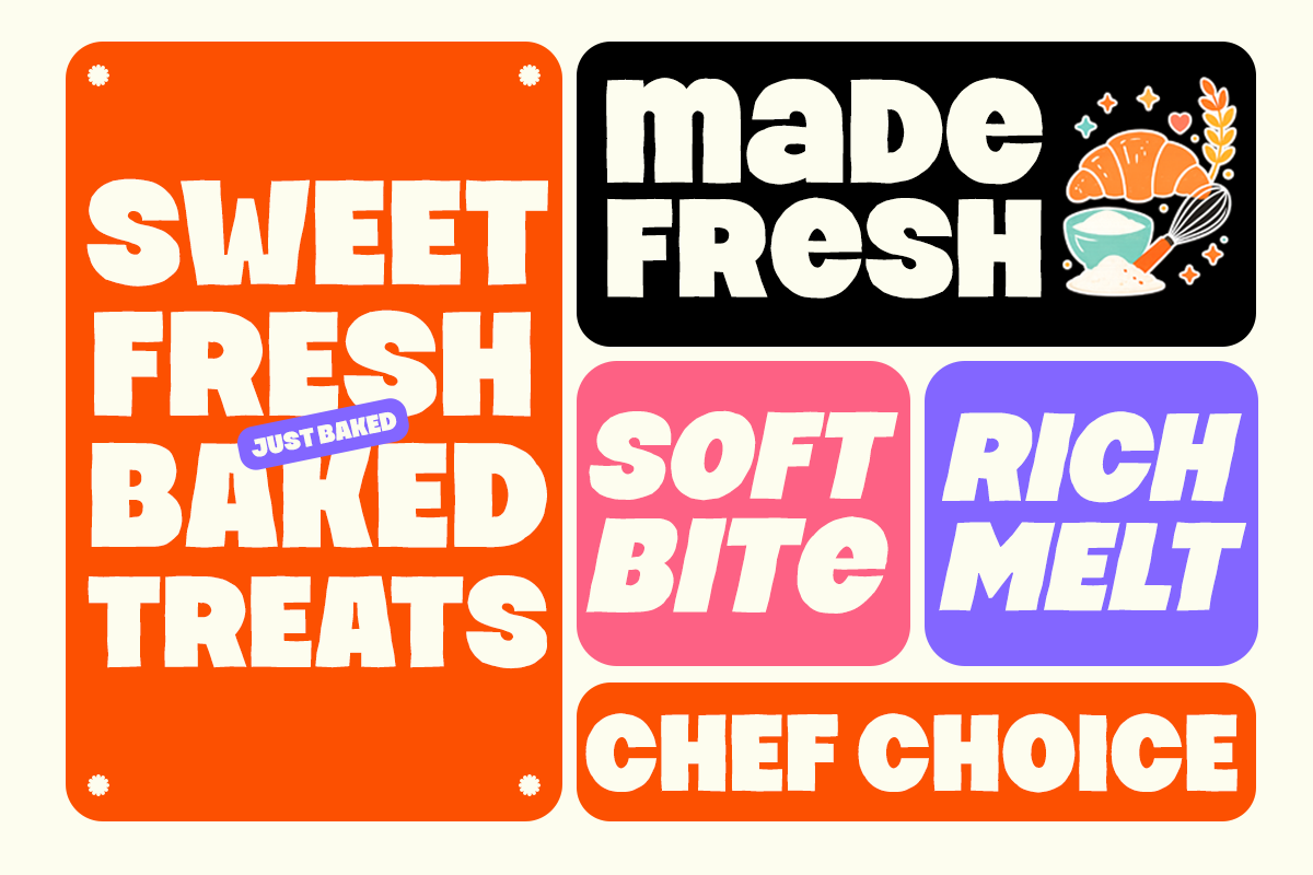 Colorful bakery label stickers with bold typography in orange, pink, purple, black featuring food taglines like sweet fresh baked treats