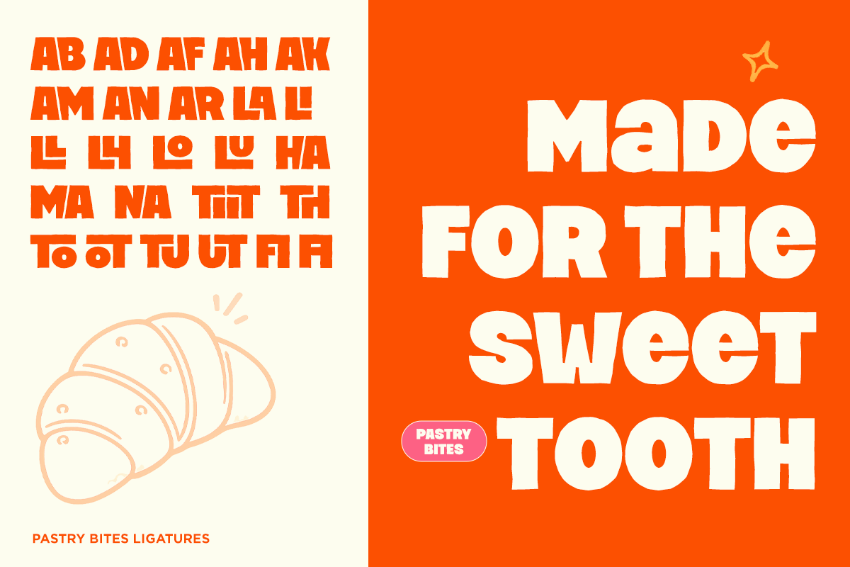 Bold orange poster with chunky white typography saying "made for the sweet tooth" plus a cute croissant sketch on cream background
