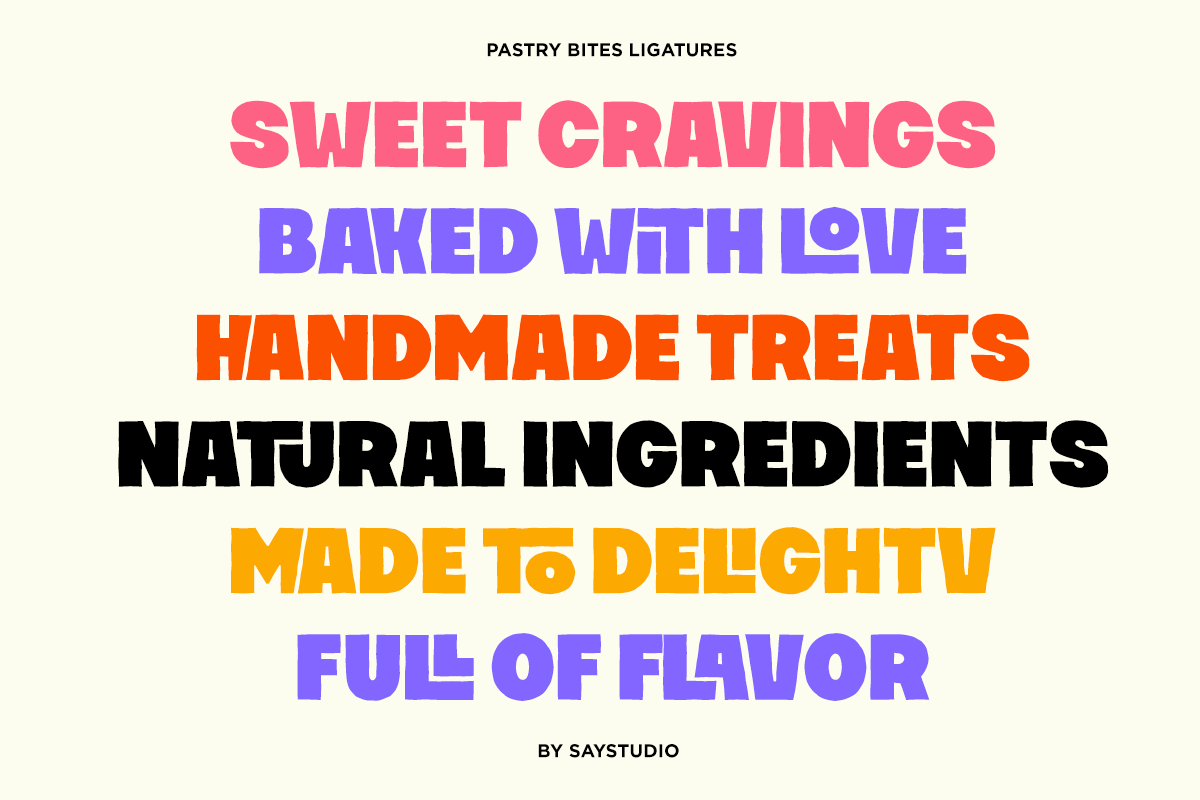 Colorful stacked type lockup for bakery brand with pink, blue, orange, yellow text on cream background