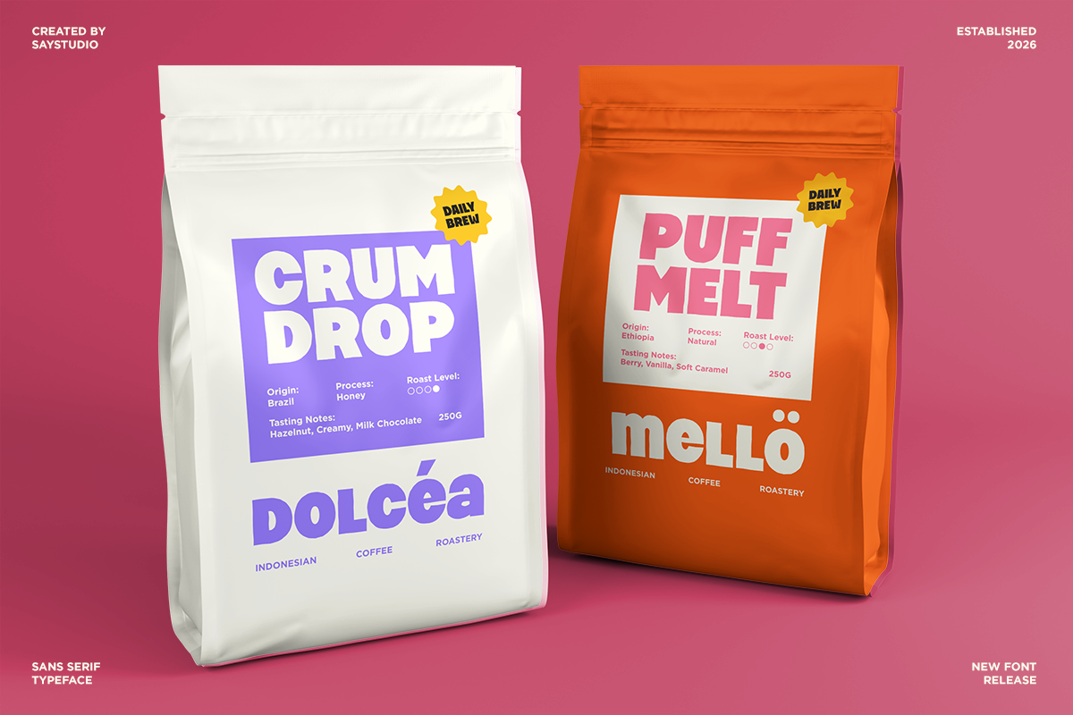 Colorful coffee bag mockups showing cream pouch with purple label plus orange foil bag design