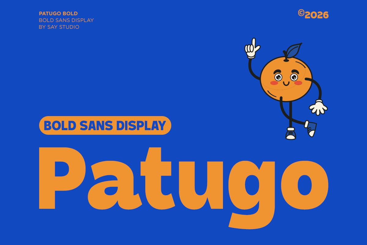 Patugo Bold font display with cheerful orange fruit character on bright blue background