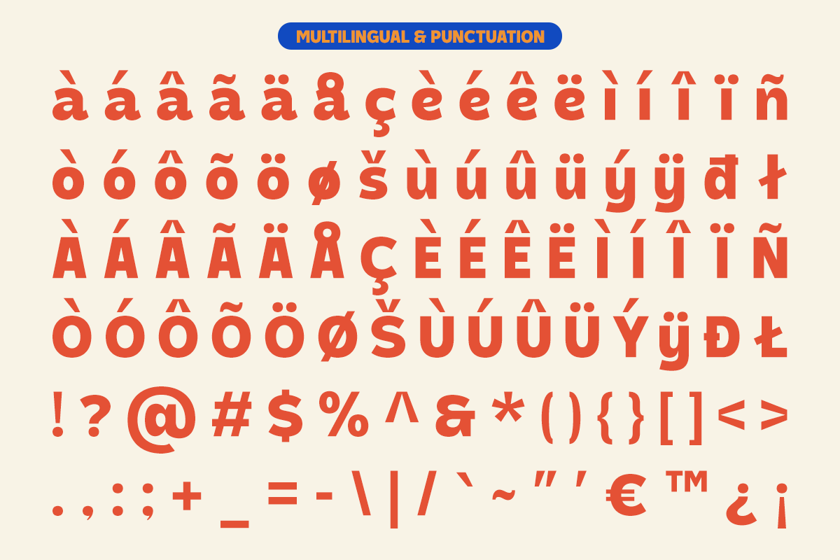 Bold red font showing accented characters, punctuation marks, currency symbols across multiple languages