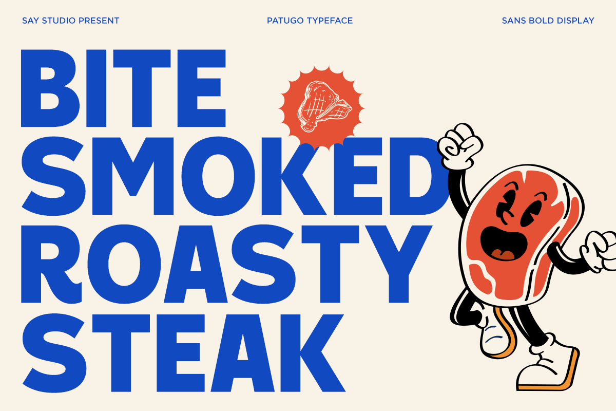 Bold blue typography reading "BITE SMOKED ROASTY STEAK" with playful retro steak character illustration