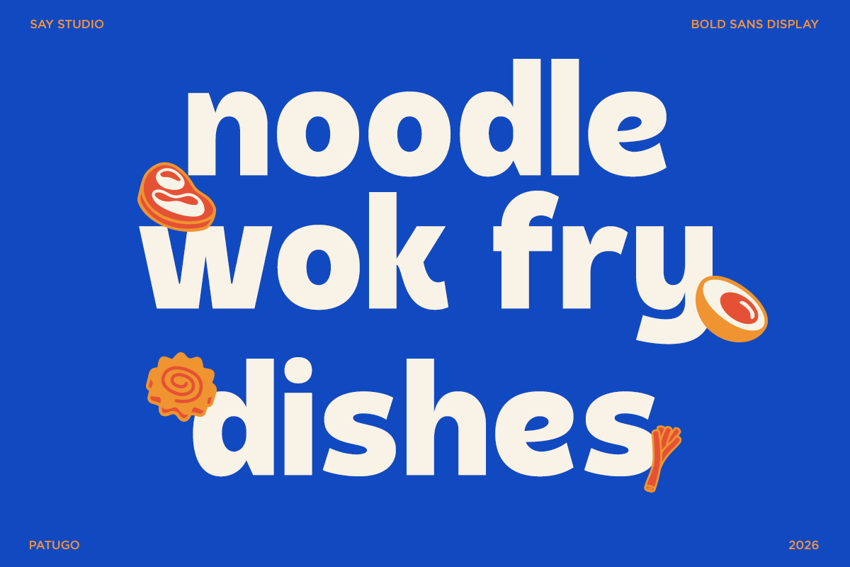 Chunky cream typeface spelling "noodle wok fry dishes" with playful orange food icons scattered across bright blue background