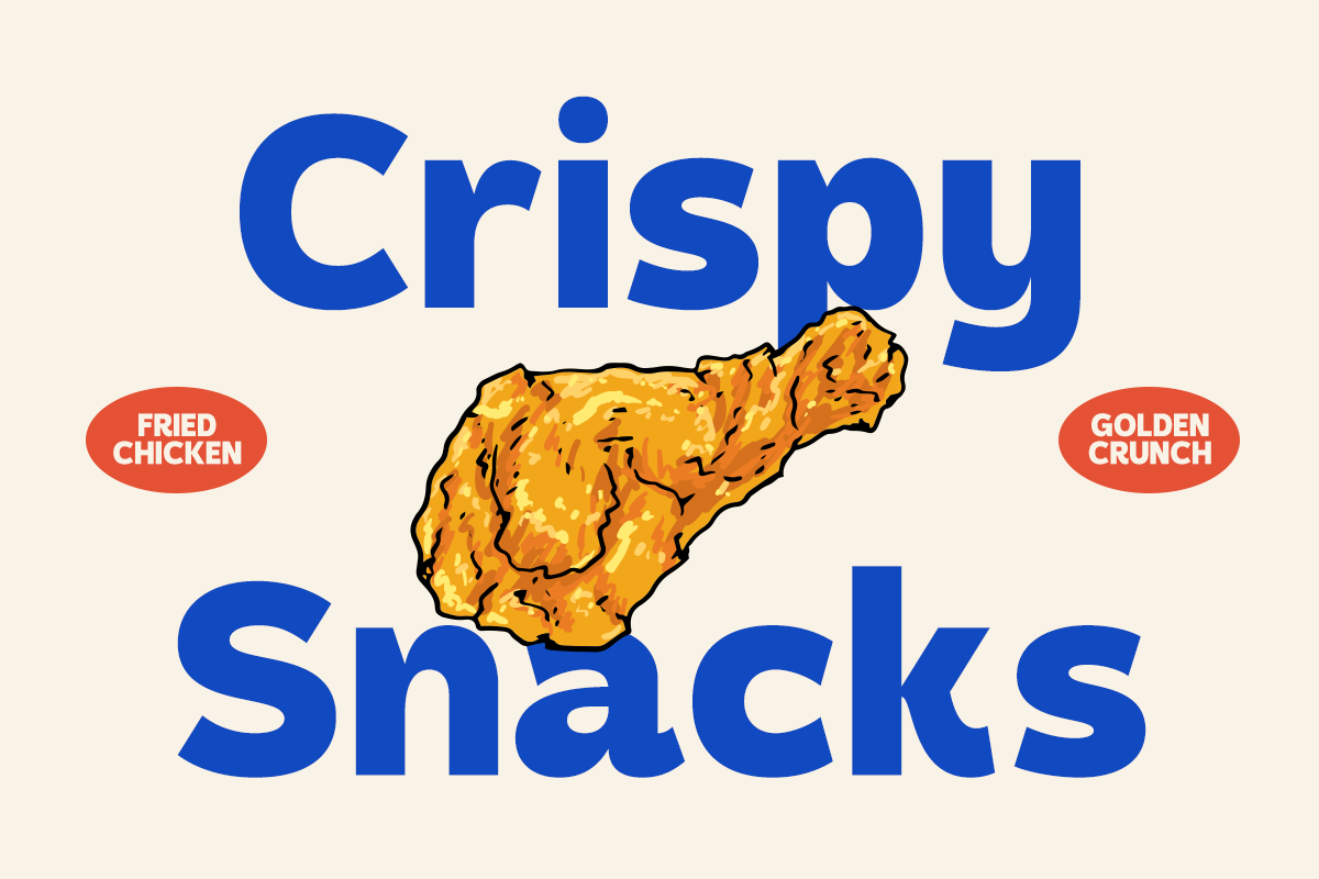 Crispy Snacks food brand logo with fried chicken illustration in bold blue lettering