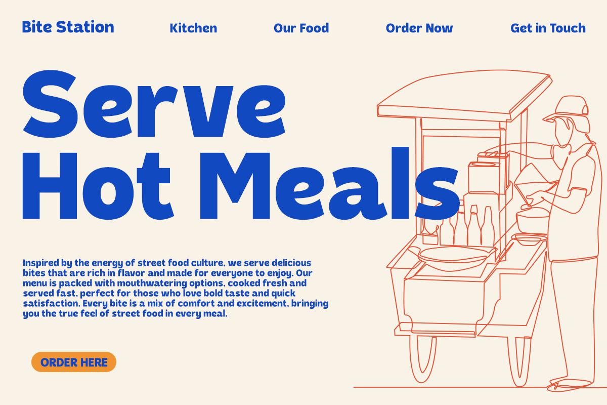 Food cart website mockup with blue headline, navigation menu, red line illustration of vendor at mobile kitchen stand