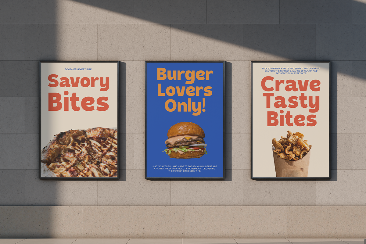 Bold food poster series mockup with burger, pizza, fries on concrete wall