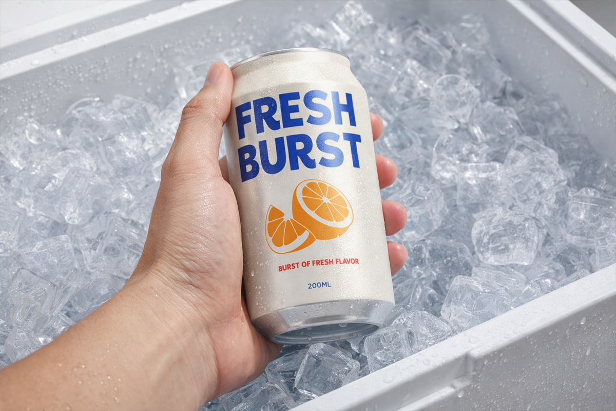 Hand holding chilled soda can with Fresh Burst label, orange slices, sitting in ice cooler