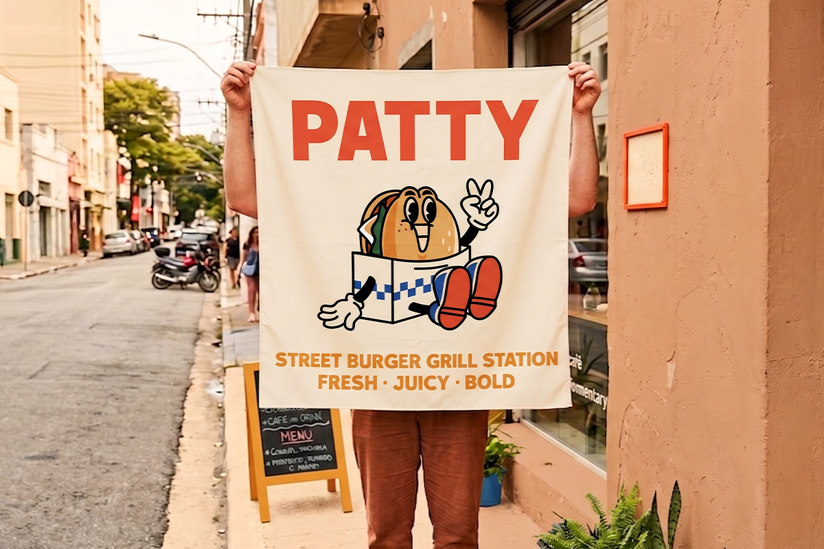Retro taco mascot banner mockup held up on street with vintage vibes