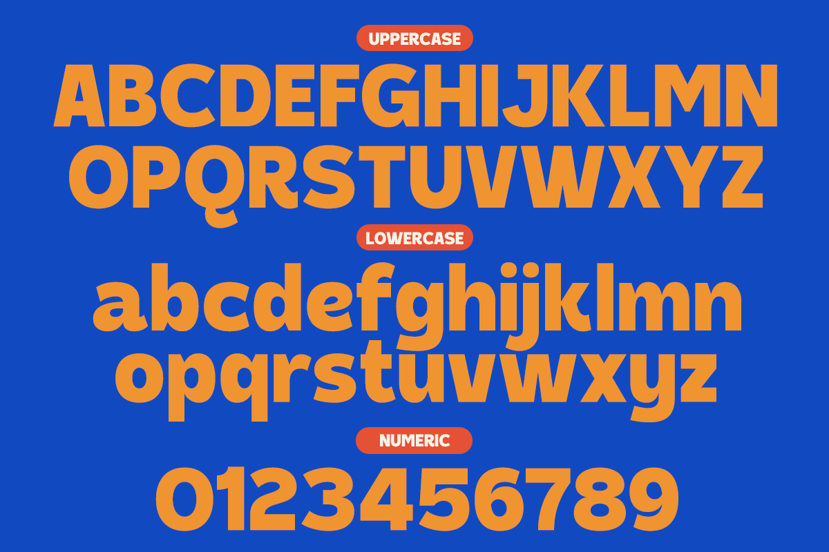 Bold orange sans serif font showing uppercase, lowercase, plus numbers on bright blue background