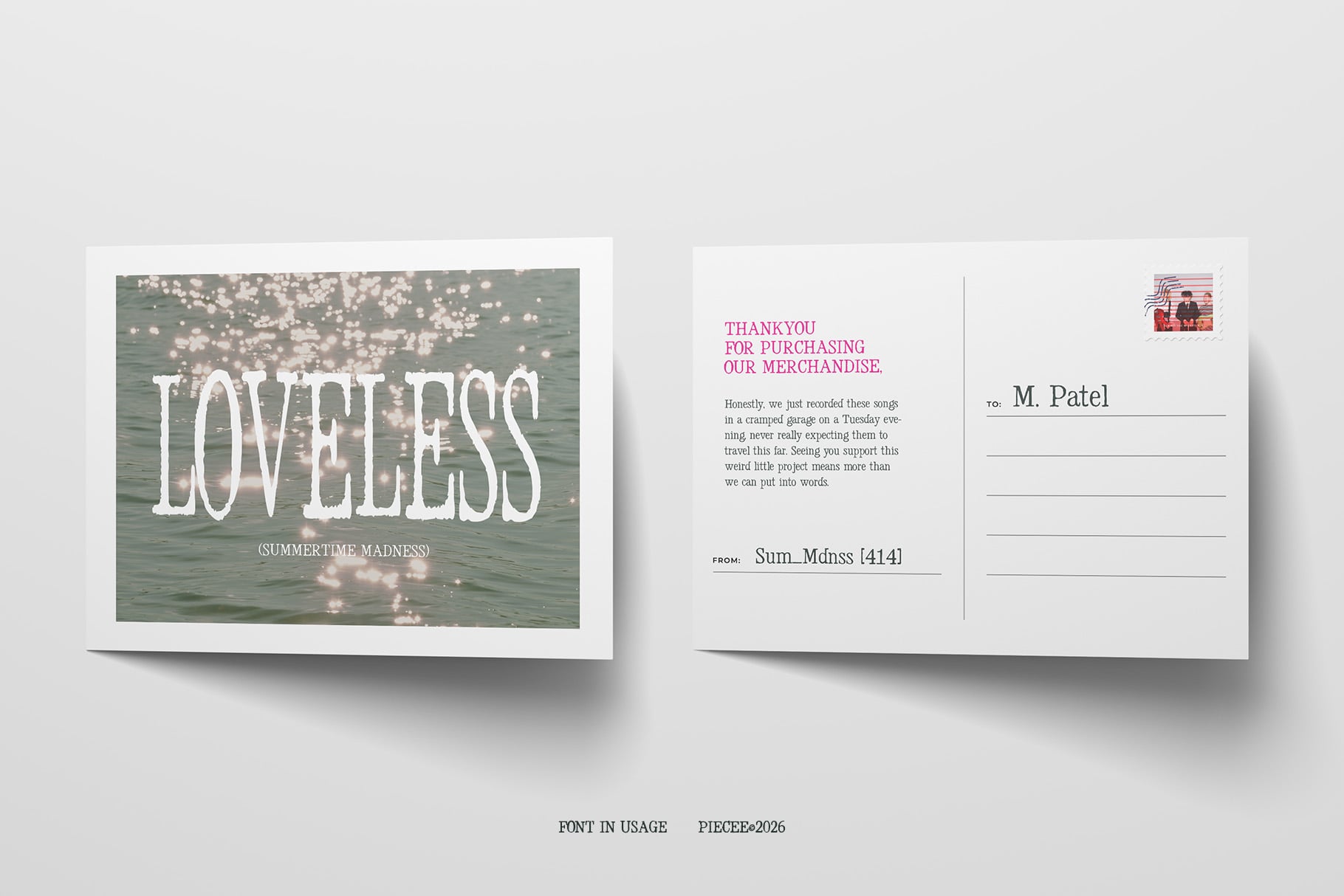 Loveless album cover mockup with matching thank you postcard, vintage water photo backdrop