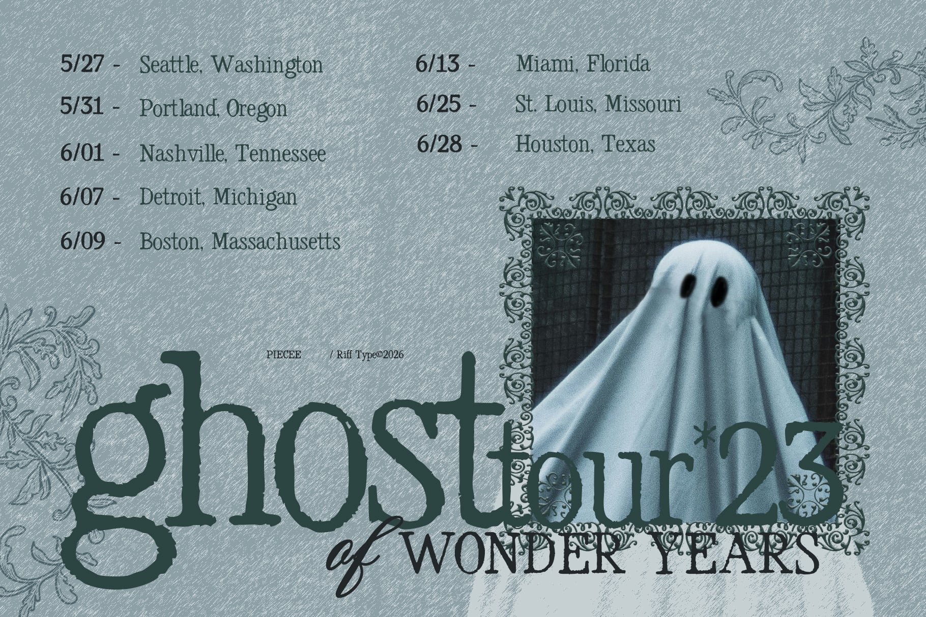 Ghost tour poster mockup with ornate frame, dates, cities, spooky aesthetic on textured background