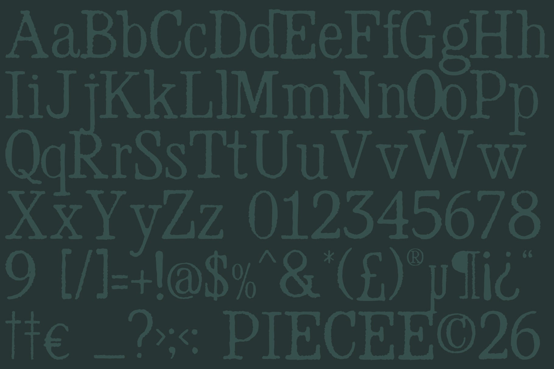 Serif font display showing uppercase, lowercase, numbers, symbols on muted teal background