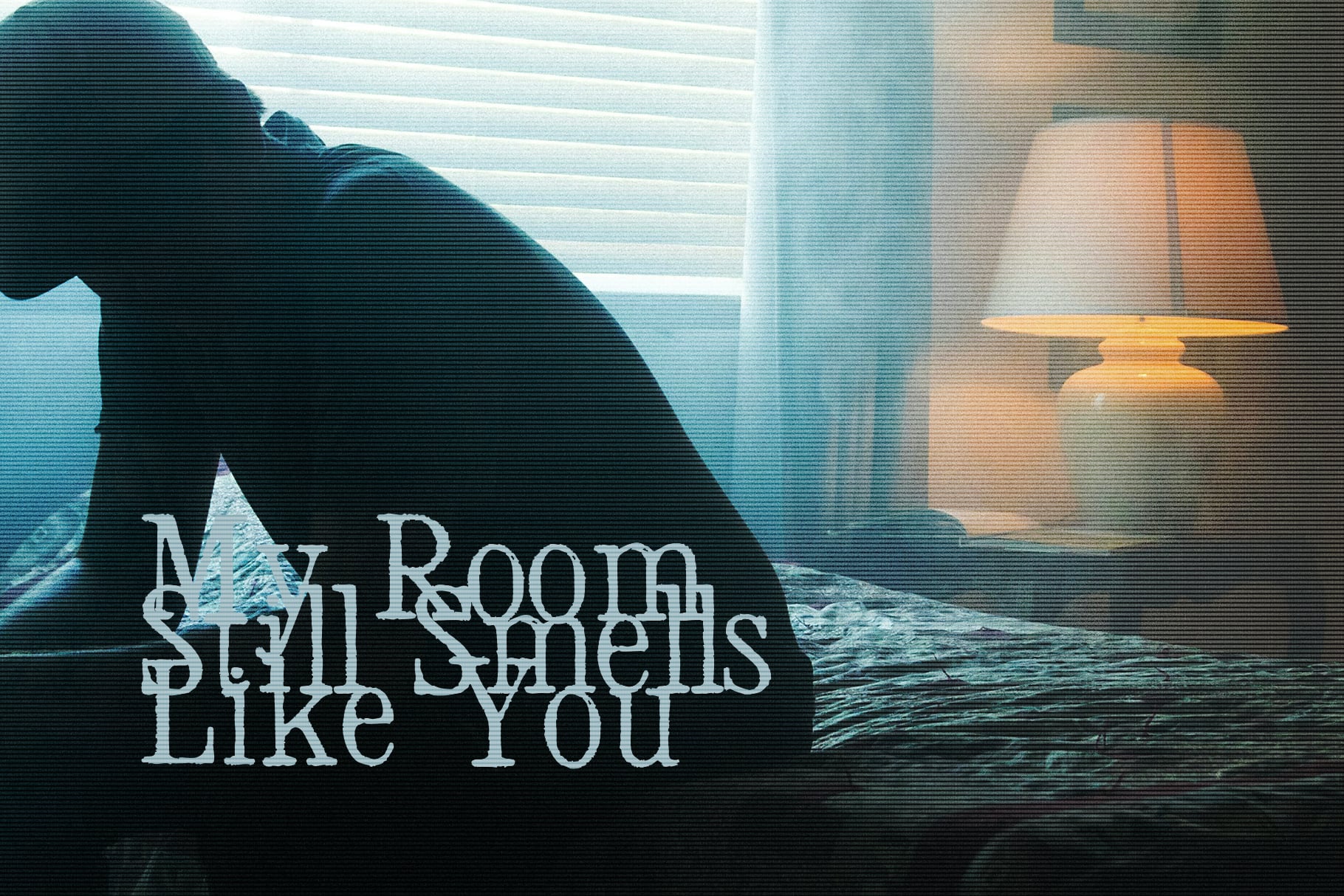 My Room Still Smells Like You moody bedroom mockup with VHS glitch effect